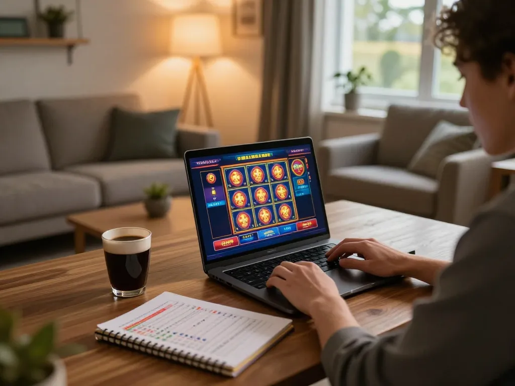 Engaging in online gaming at https://mm88.fun/ from a cozy home setup, showcasing strategic management with a laptop.