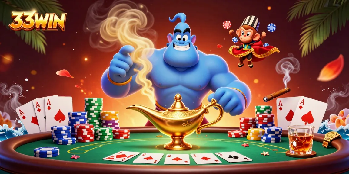 Experience excitement with 33WIN in a vibrant casino-themed illustration full of poker action.