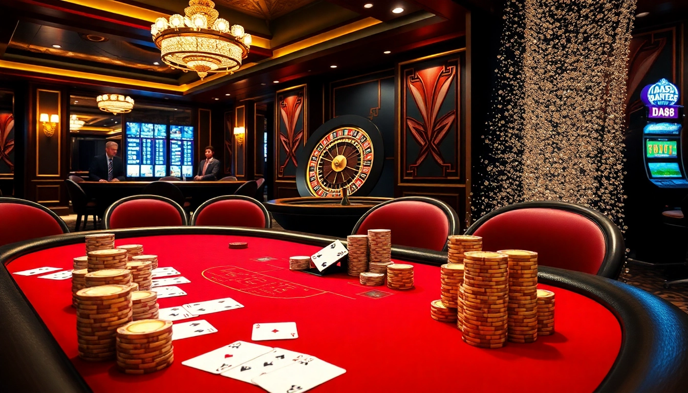 Players enjoying a thrilling poker game at the luxurious DA88 casino table with chips and cards.