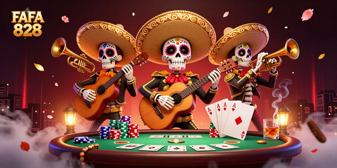 Engage with FAFA 828's vibrant casino scene featuring a lively mariachi band and poker excitement.