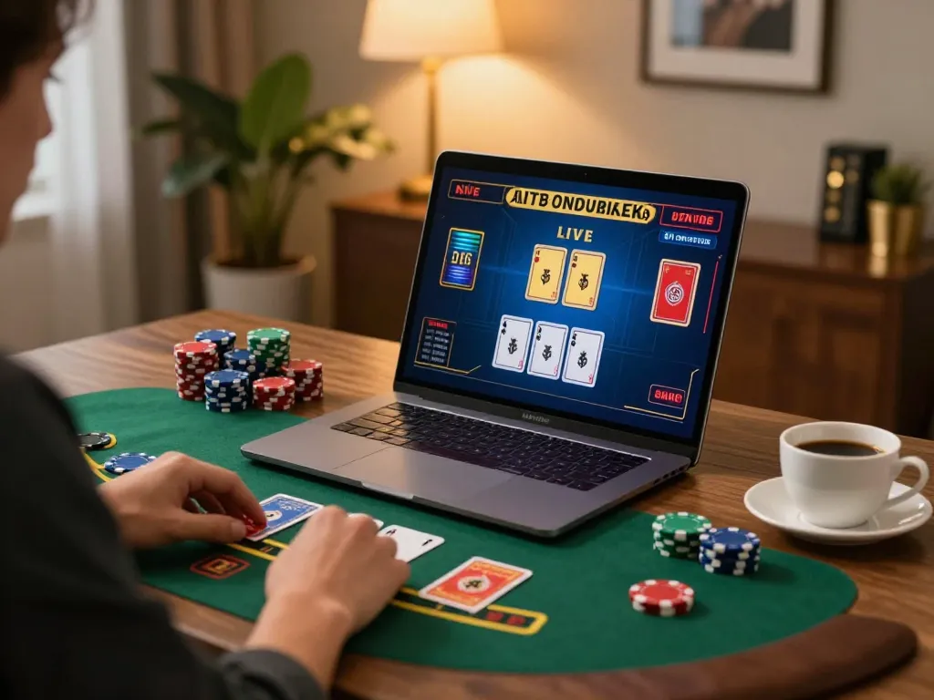 Engaging in a live dealer game on RR88, showcasing a stylish home gaming setup with strategic betting.
