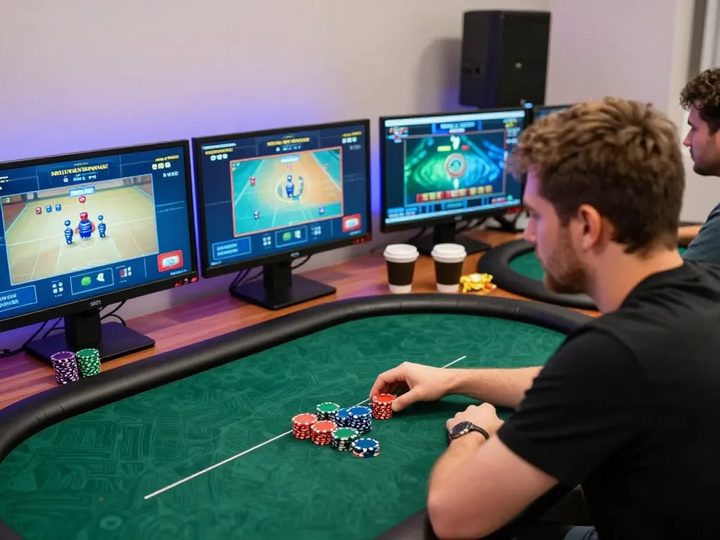 Engaging gameplay experience at https://Zbetat.com/ with player strategizing in a vibrant home casino setup