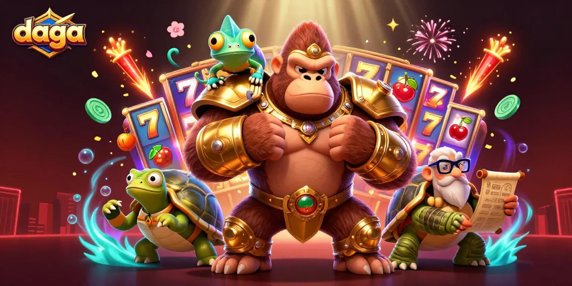 Engage in thrilling gameplay with daga, showcasing a gorilla in golden armor and vibrant slot elements.