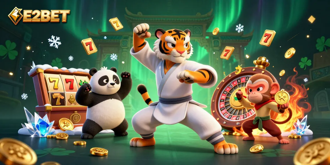 E2BET challenges players with exciting slot reels and a mischievous monkey in this dynamic casino scene.