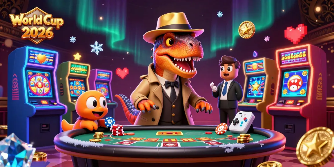 Engaging World Cup 2026 scene with a velociraptor card counter at a blackjack table surrounded by slot machines.