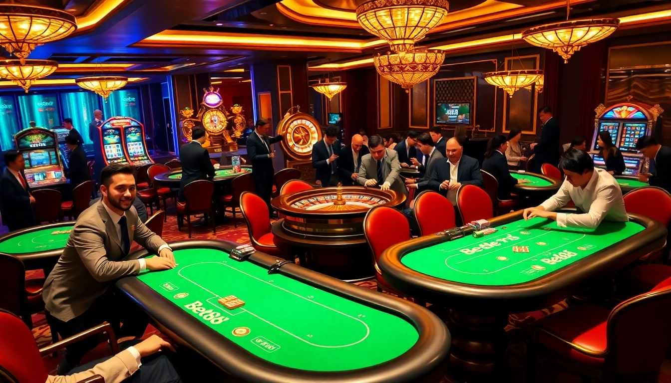 Exciting gaming atmosphere at nhà cái bet88 with elegant casino tables, poker games, and slot machines.