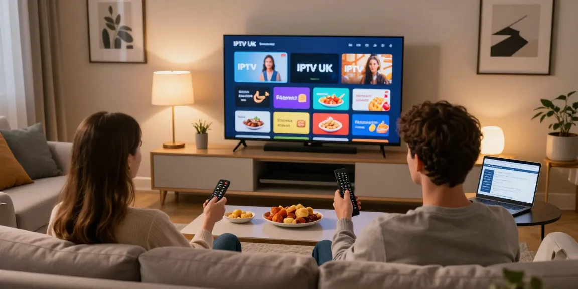 Couple enjoying IPTV UK streaming experience in a cozy living room with smart TV, showcasing vibrant channels.