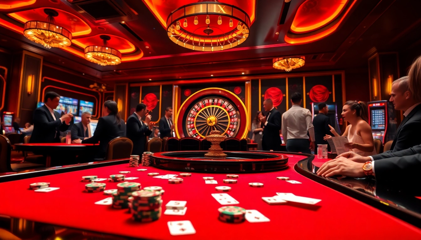 A vibrant casino scene featuring alo789 with players at tables, poker chips, and a roulette wheel.