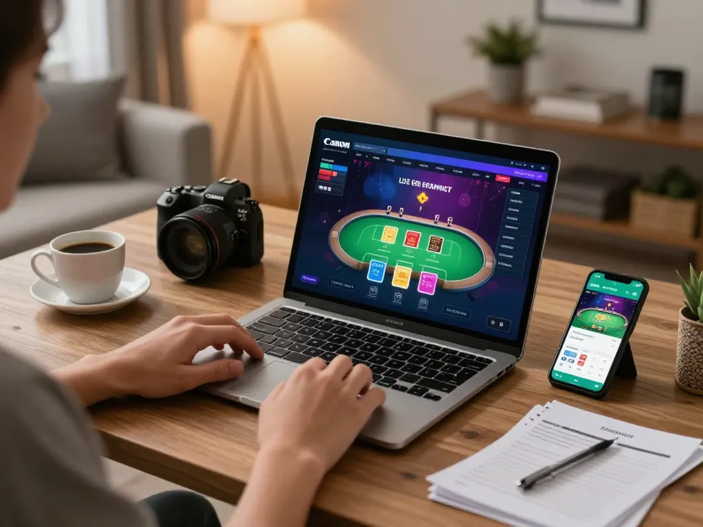 Engaging in 789win live dealer games on a laptop in a cozy home office setting.