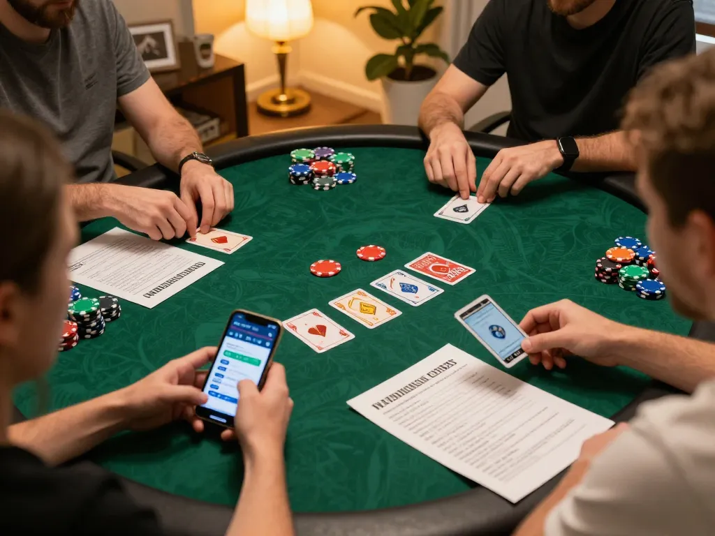 Win138 players strategizing their bets in a cozy home poker game setup with colorful chips and smartphone.