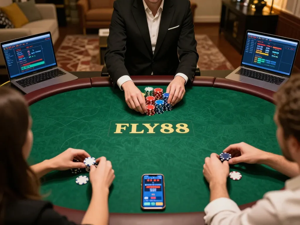 Players engage in an exciting poker game on the FLY88 platform, showcasing strategic gameplay and vibrant atmosphere.
