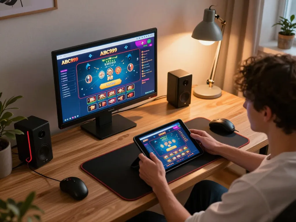 ABC999 player enjoying a live dealer game on a tablet in a cozy home setup