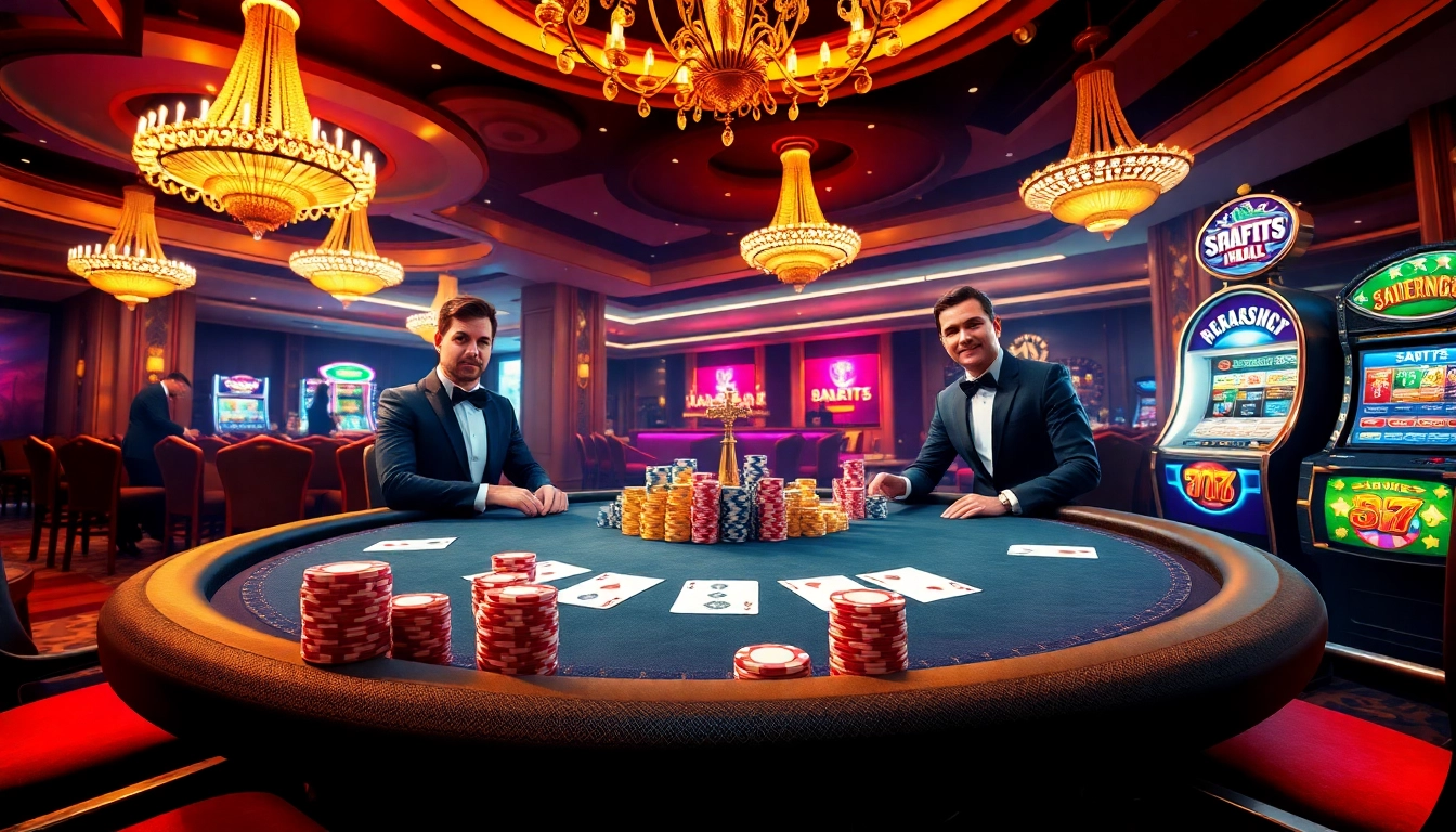 Experimente elegância em https://kk55.global/ com uma cena de cassino vibrante que exibe pôquer de altas apostas e luxo.