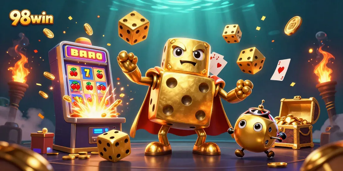 Experience the thrill of winning with 98win's vibrant casino scene featuring golden dice and jackpots.
