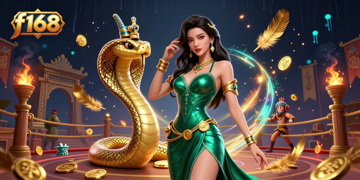 Engage with exciting f168 casino experiences featuring a stunning woman and golden cobra in a vibrant atmosphere.