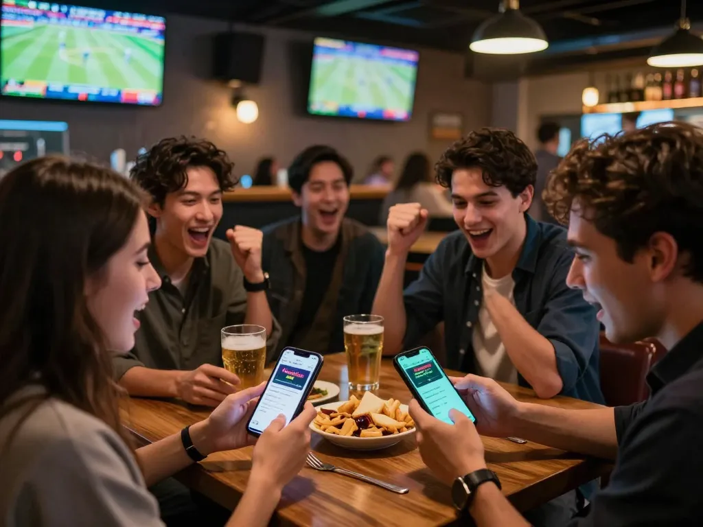 Friends strategizing bets while checking Hoiquantv app during live sports event.
