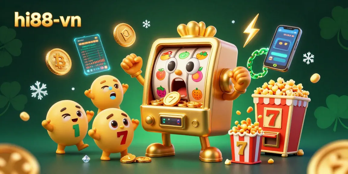 Experience hi88-vn's jackpots with a cheerful slot machine celebrating a big win, surrounded by crypto coins.