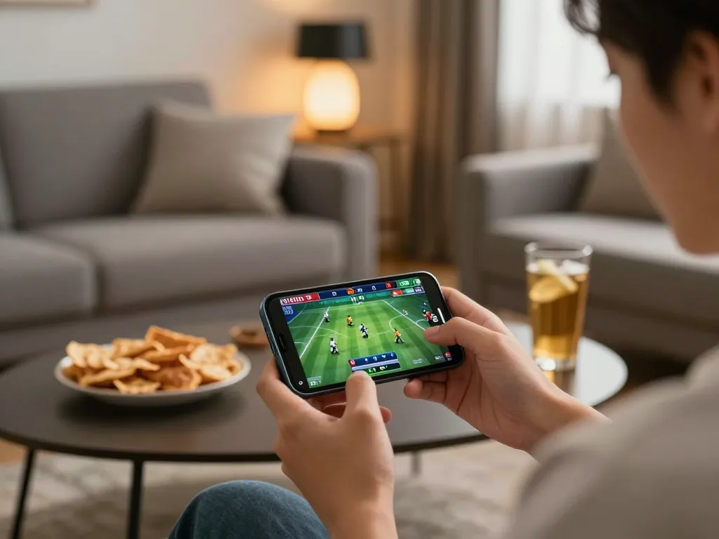 Enjoying mobile sports betting experience with mb66-t platform in a cozy home setting.