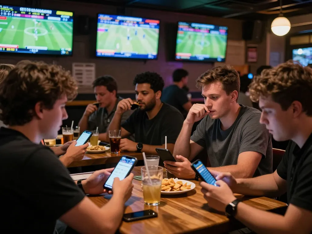 Engaged bettors analyzing odds while enjoying link vào good88 at a vibrant sports bar.
