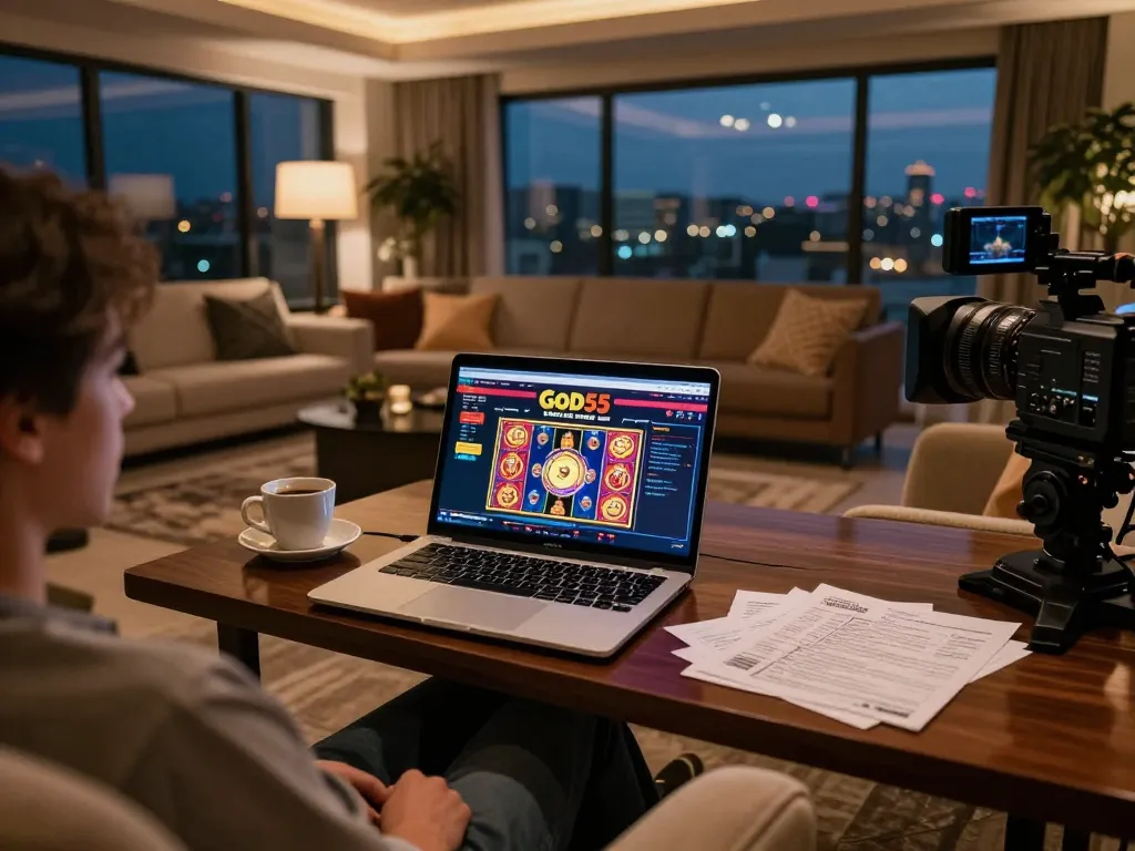 Player enjoying online casino action at God55, showcasing laptop games and cozy ambiance.