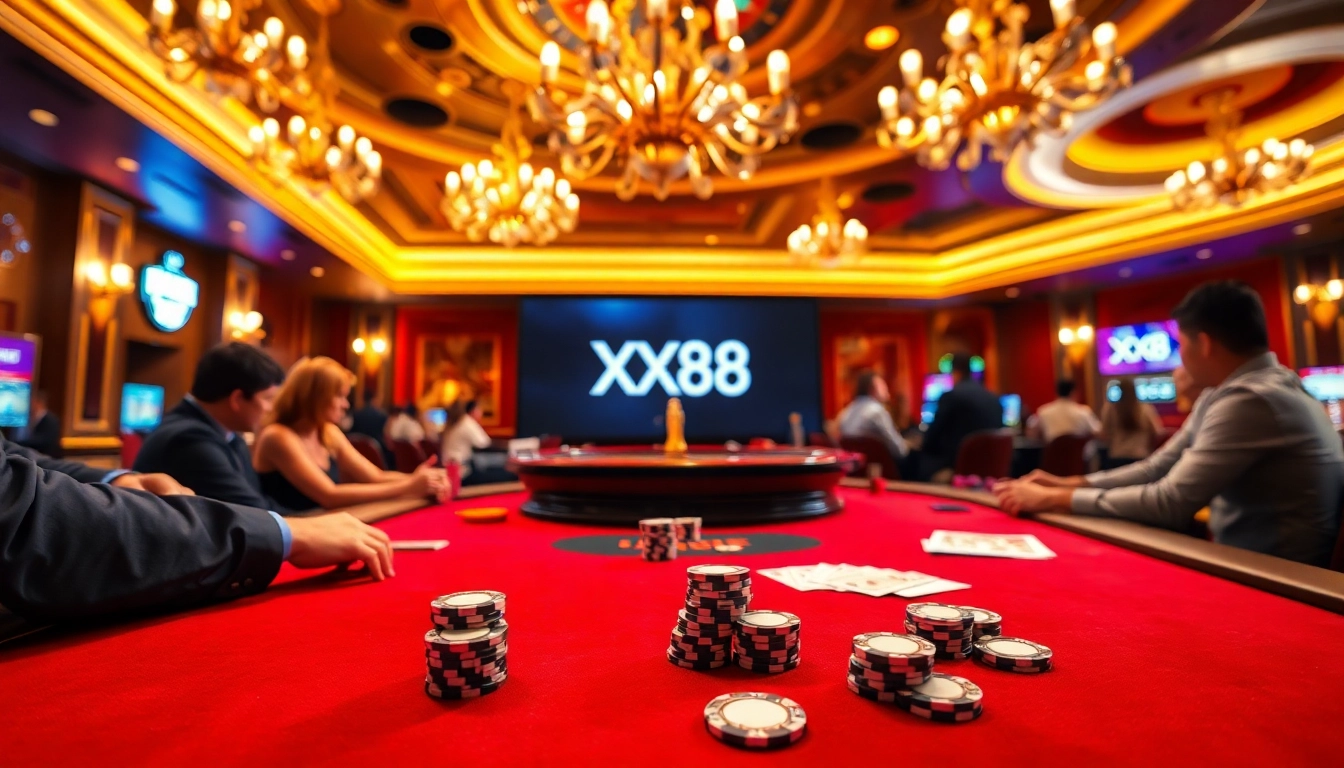 Engage with thrilling gameplay at XX88's luxurious casino setting featuring poker, roulette, and vibrant excitement.