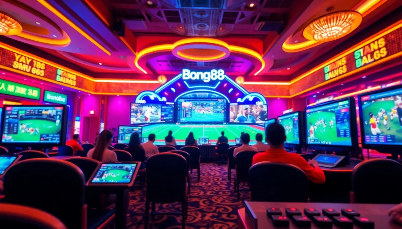 Bong88 online gambling scene with vibrant casino backdrop and engaged players.