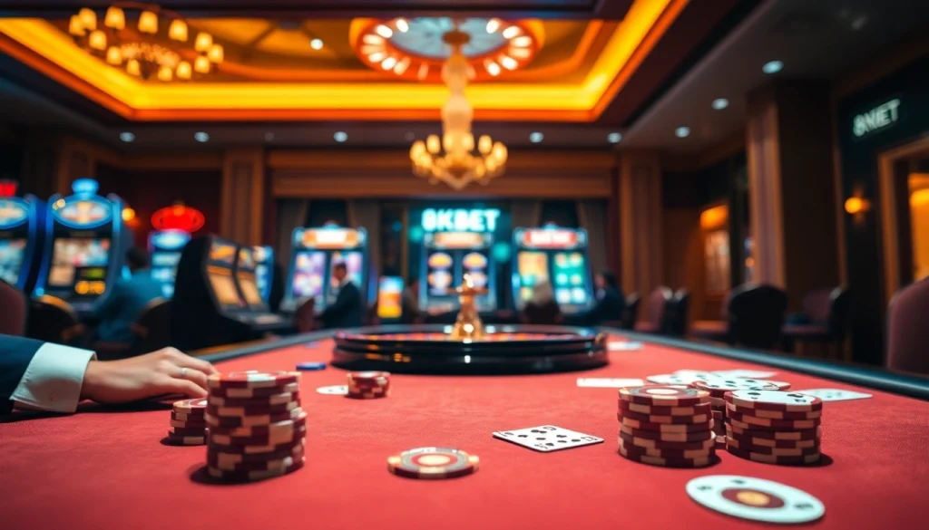 Players betting joyfully at a luxurious casino table featuring 8KBET gaming elements.