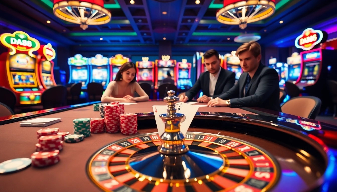 Players engaging in a thrilling poker game at da88 casino, showcasing vibrant chips and elegant cards.