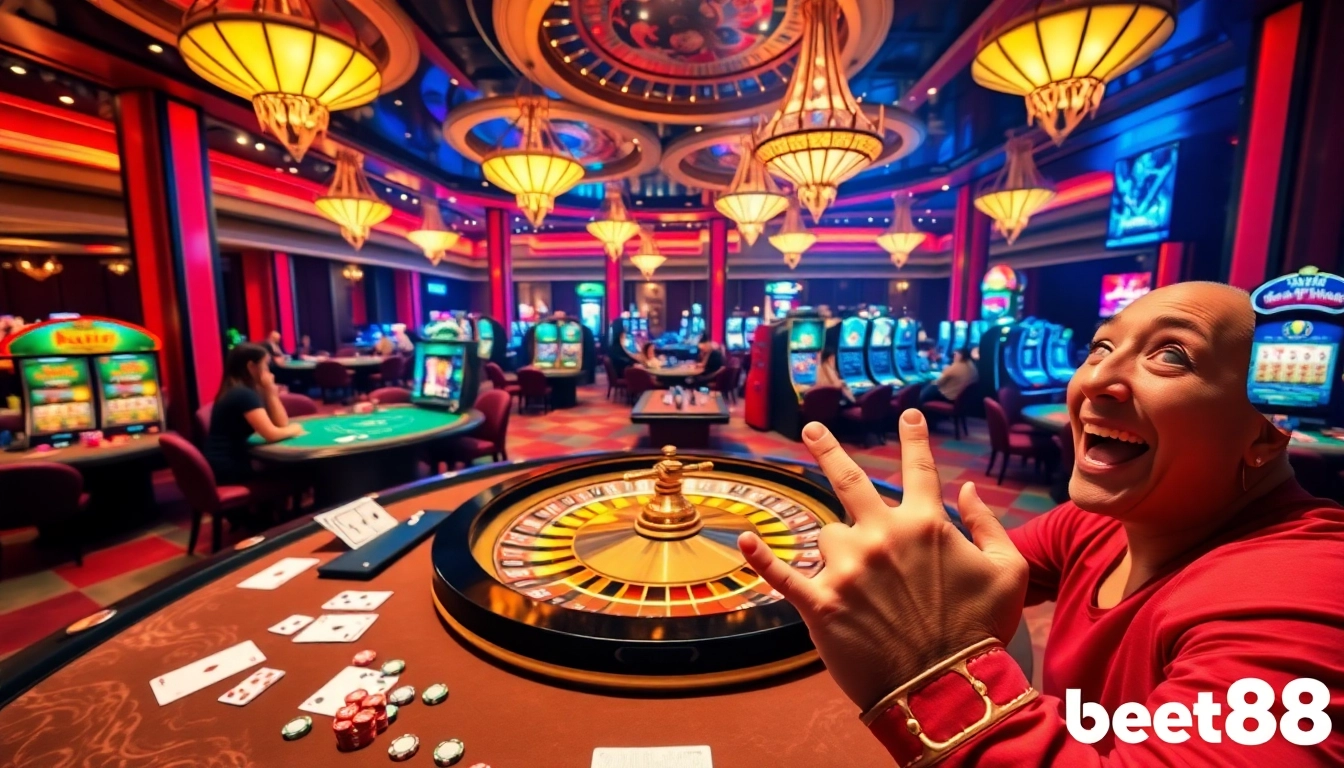 Experience excitement at bet88 with vibrant casino games, roulette wheel, and players winning big.
