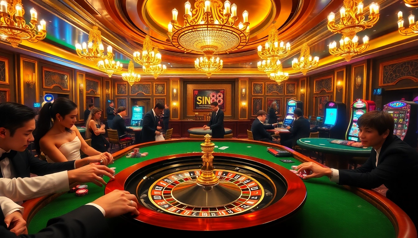 Experience the thrill of sin88 in a vibrant luxury casino setting with players at game tables.