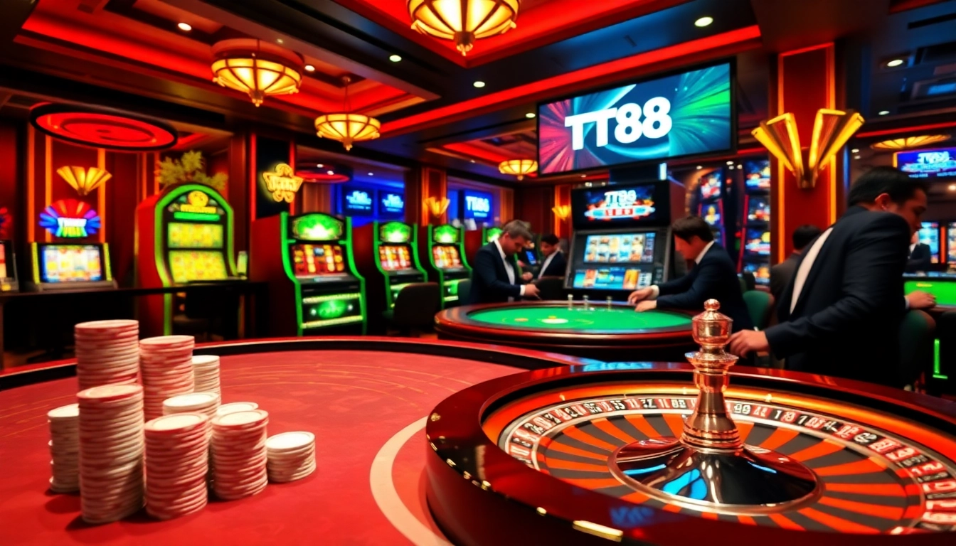 Players enjoy thrilling games at TT88 casino with immersive tables and vibrant slot machines.