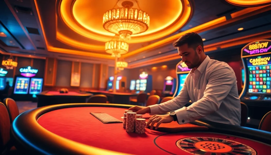 Experience the thrill of betting at 888now's luxurious casino with poker chips and roulette.