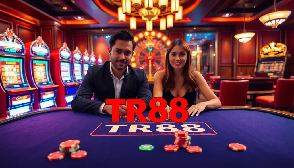 Players engaging at the TR88 casino table, embodying excitement and anticipation in a vibrant gambling scene.