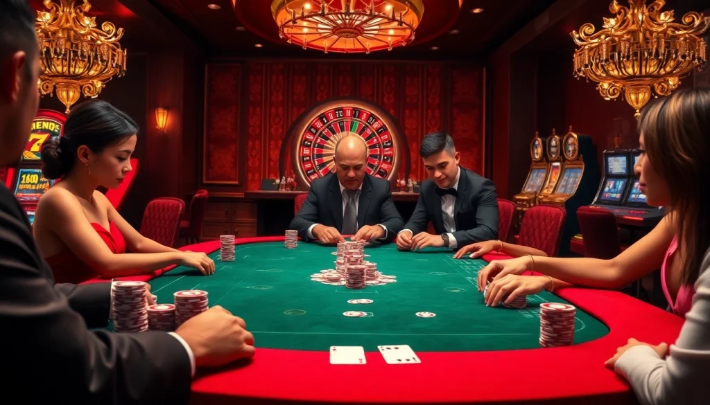 Experience the excitement at 555win with a vibrant poker table scene showcasing players engaging at high stakes.