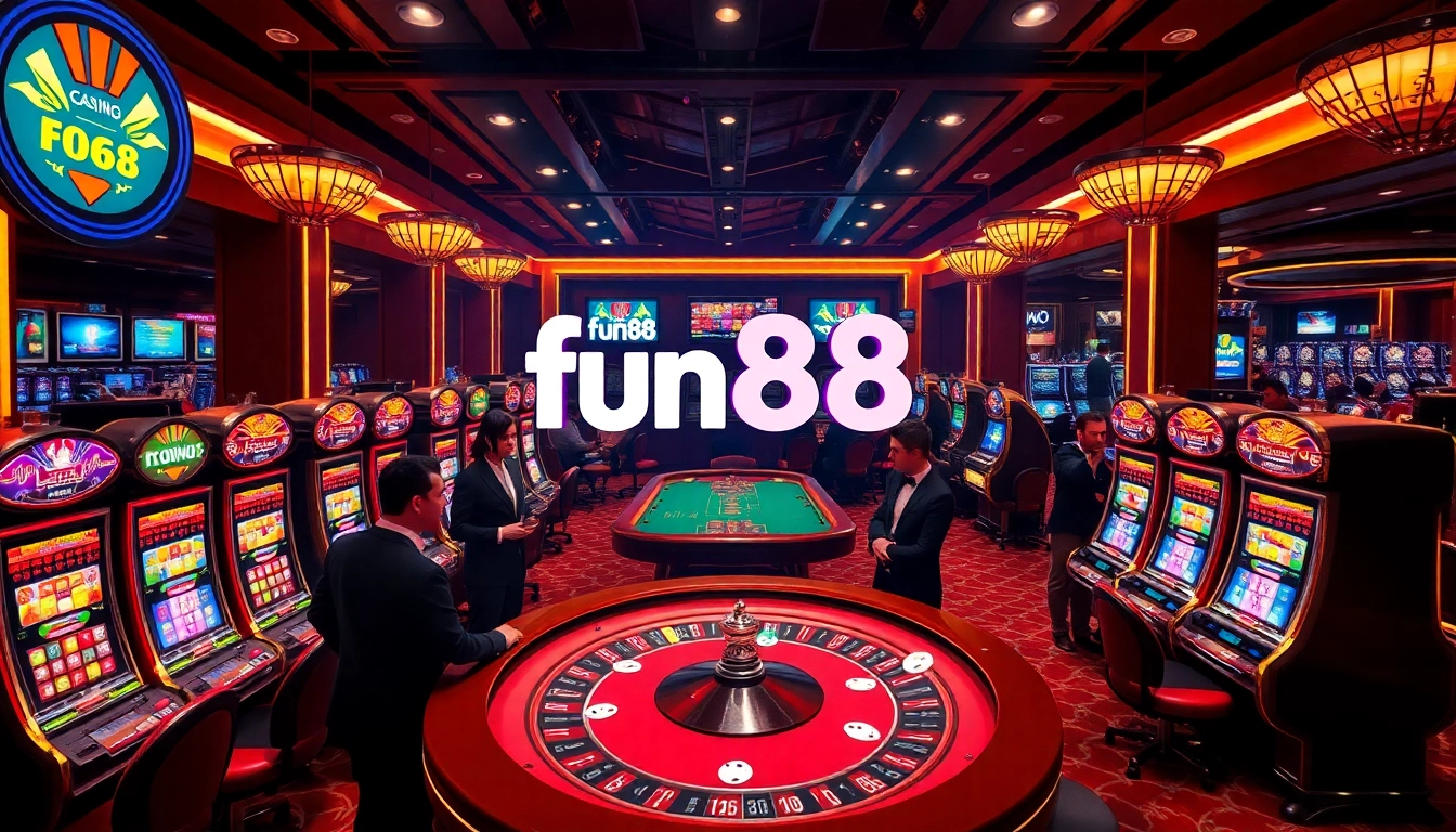 Engage in exhilarating gambling experiences with fun88 at a vibrant casino floor filled with exciting games and players.