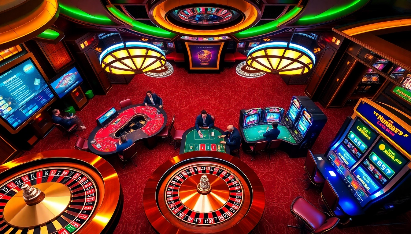 Players enjoying online gaming at https://hm88.bike/ with roulette, poker, and slot machines in view.