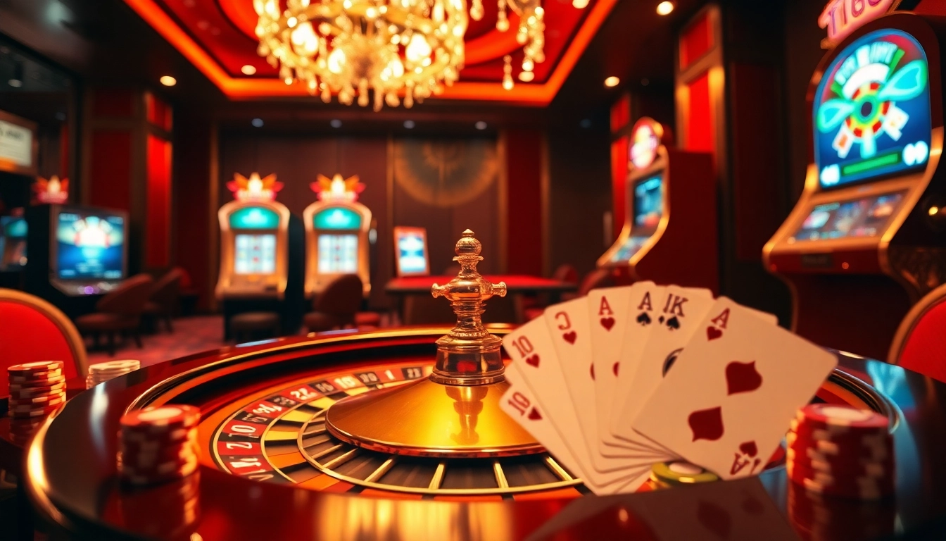 Experience thrilling gaming at https://tr88vip.co.com/ with an elegant casino scene featuring a roulette table, poker chips, and slot machines.