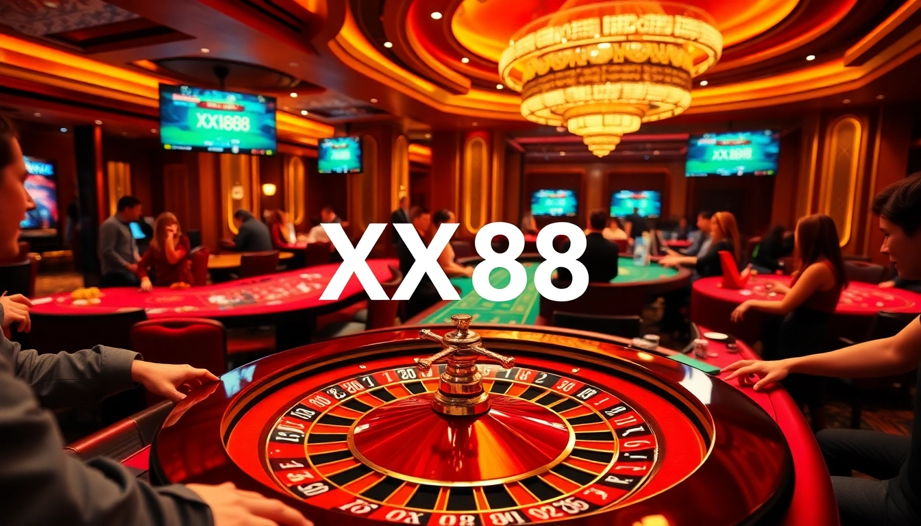 Gamblers excitedly playing at stylish tables, featuring XX88 branding and vibrant casino elements.