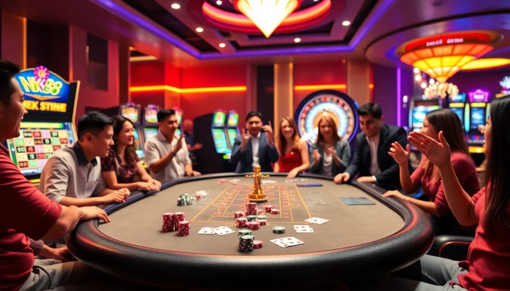 High-energy NK88 gaming table action with players and vibrant casino elements.