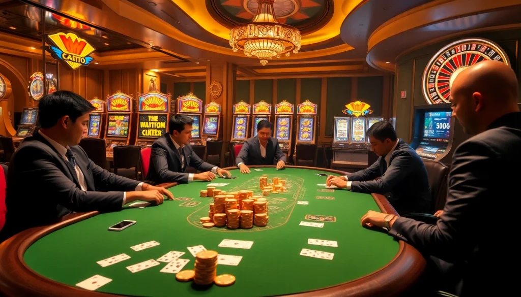 Engage with the thrilling world of Emastoto, showcasing an exciting casino scene with poker games, spinning roulette, and vibrant slot machines.