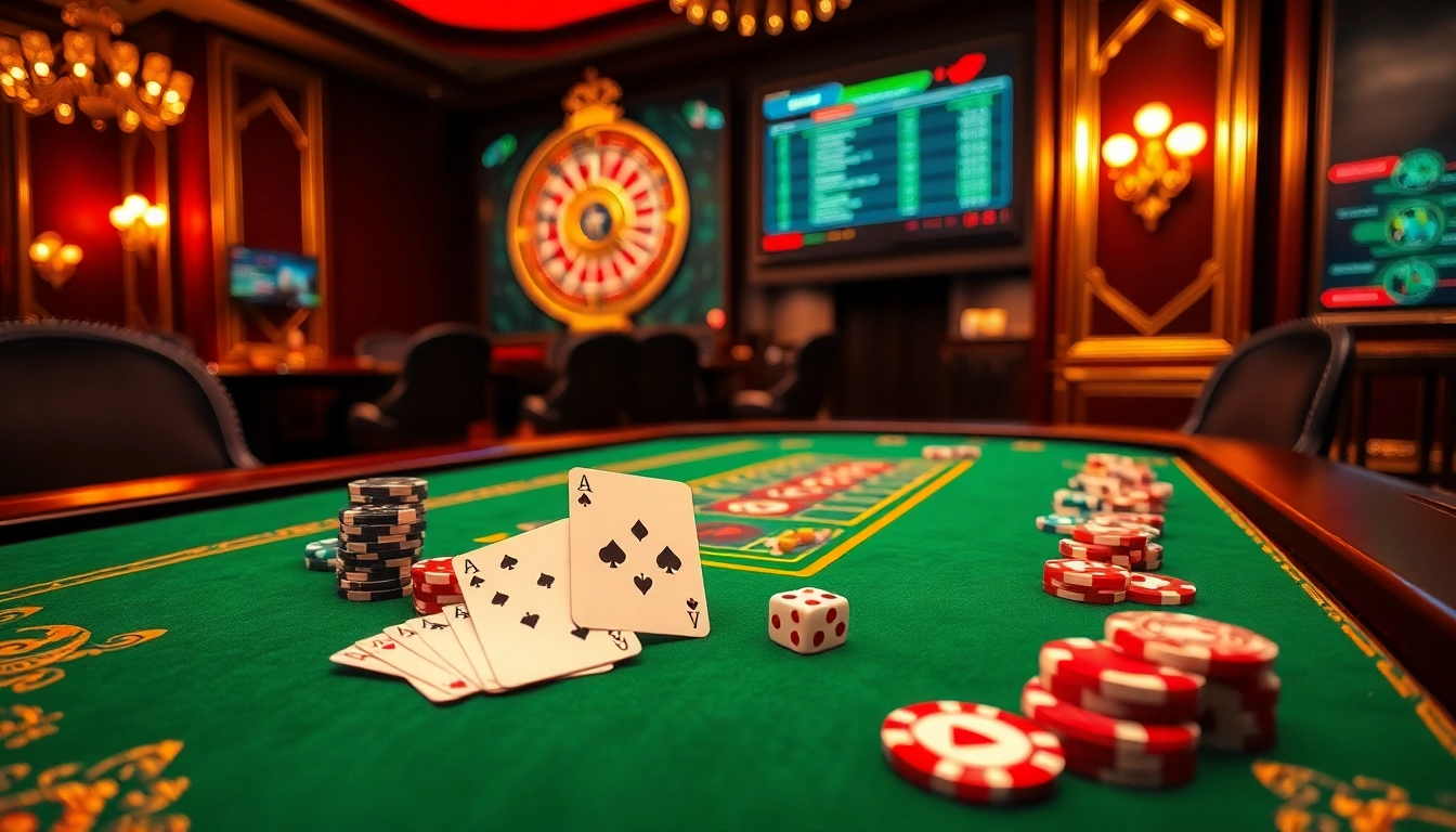 Discover gaming action at mb66 com with luxurious poker chips and cards around a vibrant casino table.