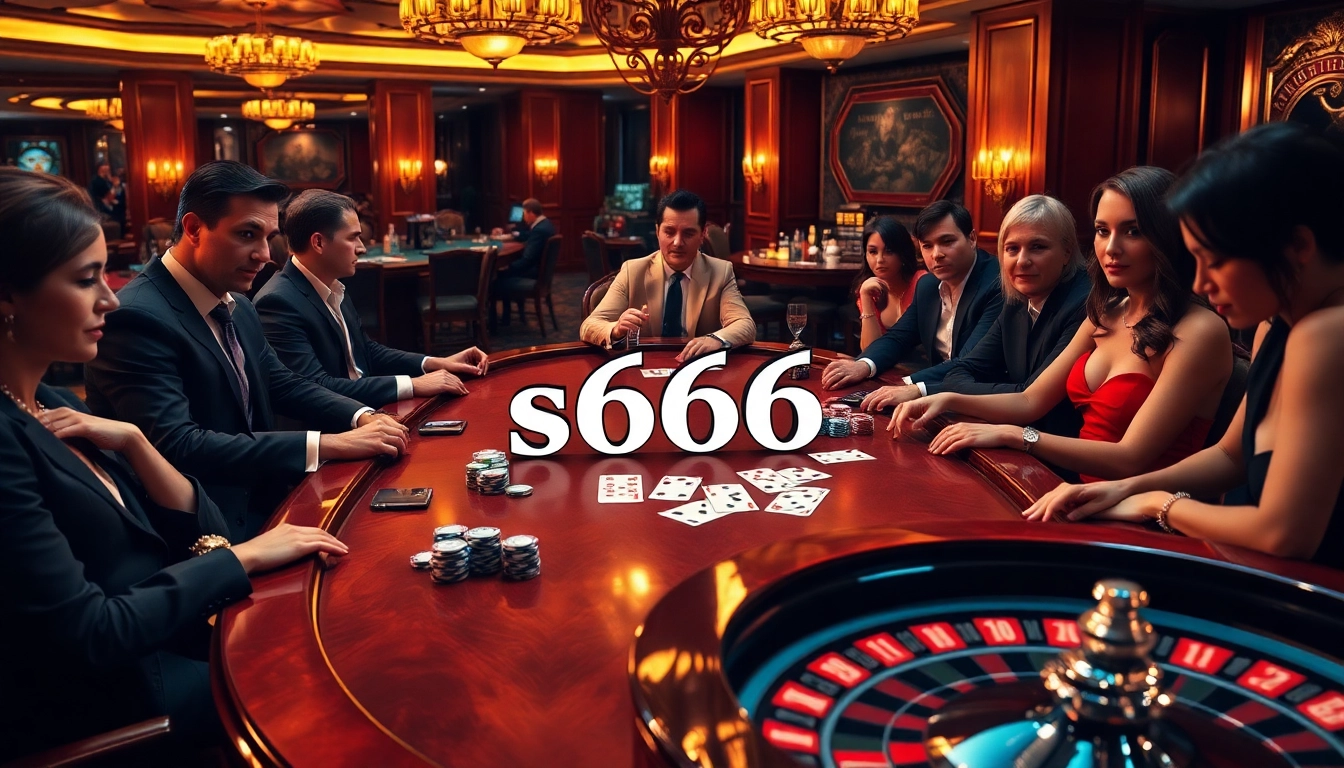 High-stakes gamblers at an elegant casino table, featuring action-packed gameplay and s666 themed decor.