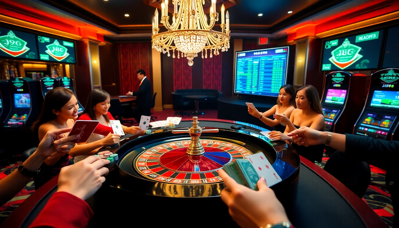 Gamblers placing bets at j88-themed roulette table in a luxurious casino.
