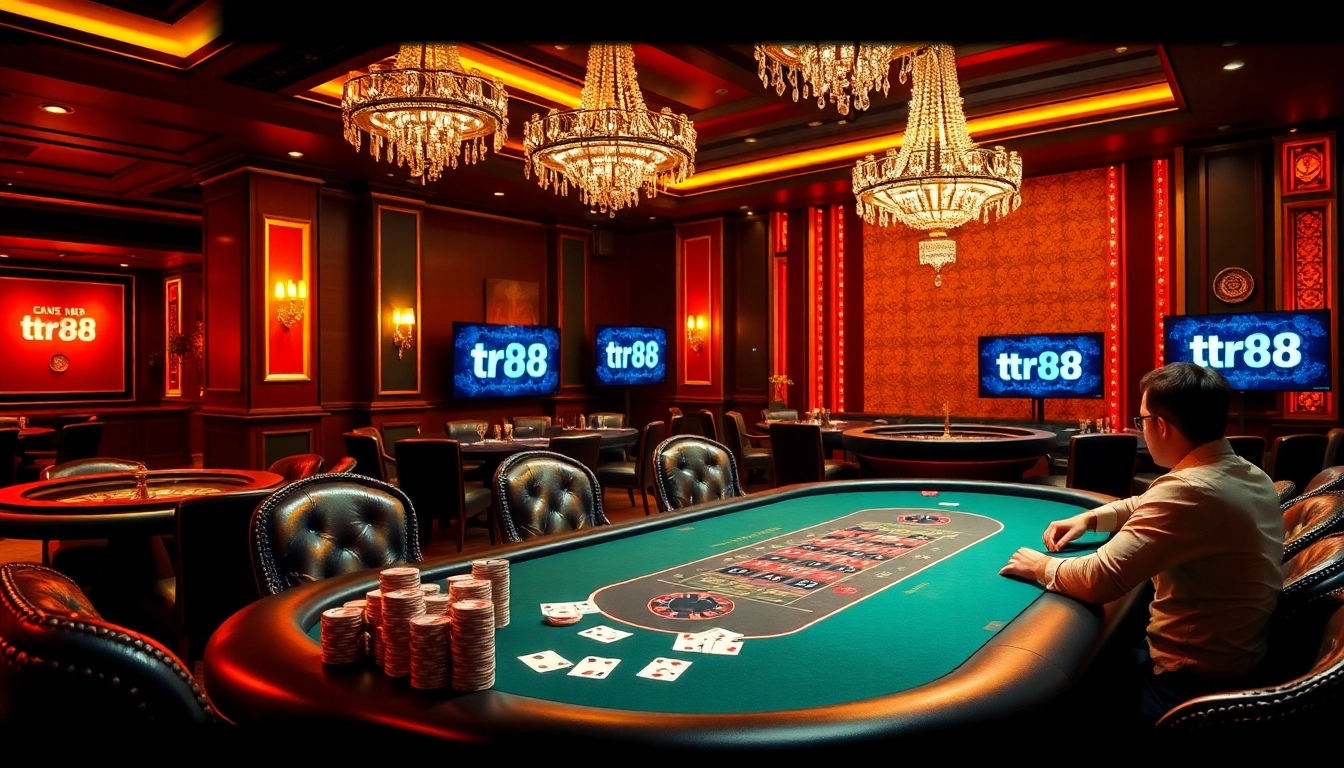 Exciting poker game scene at a luxurious casino with the keyword tr88 enhancing the immersive experience.