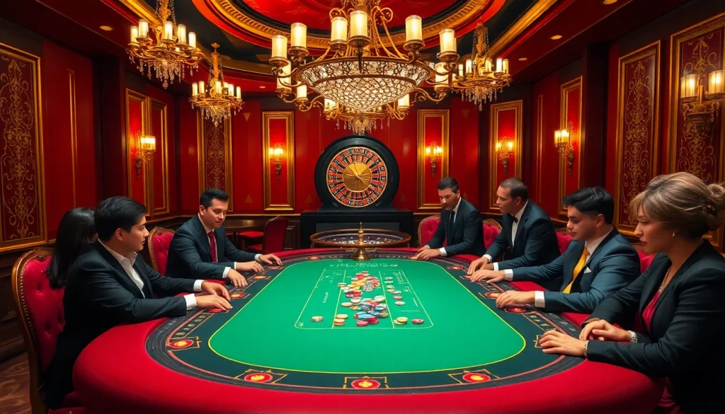 A high-stakes poker game at a luxurious casino showcasing tập đoàn kjc's thrilling online gaming experience.