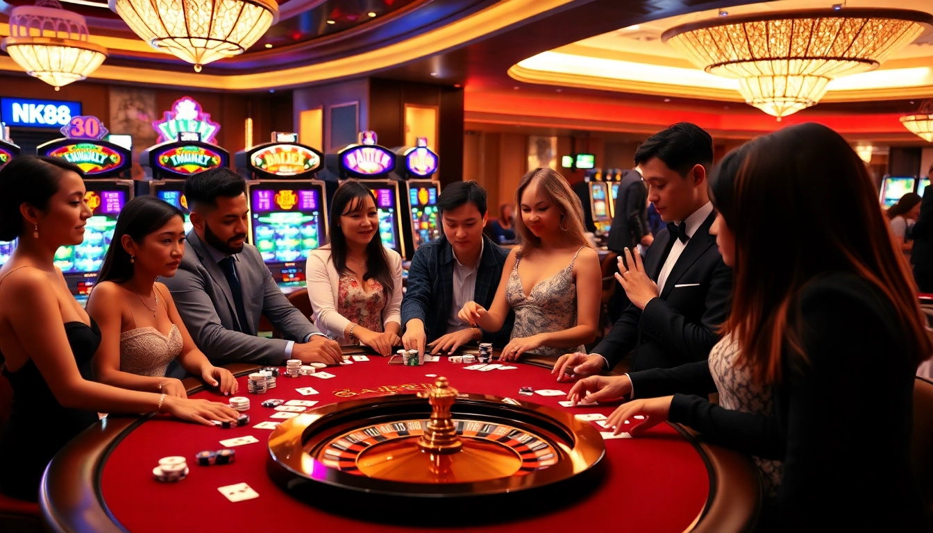 Players enjoying vibrant casino games at NK88, showcasing poker chips and roulette.