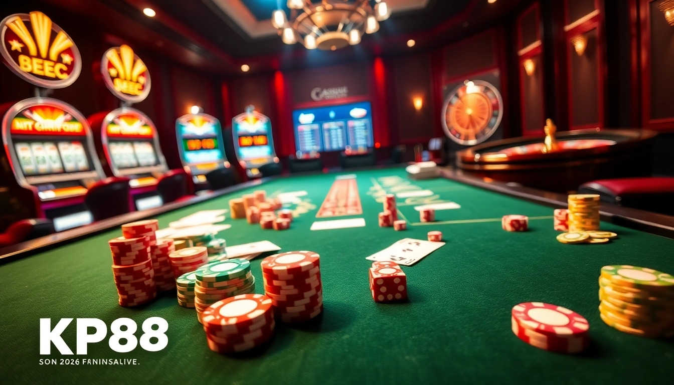 Kp88 players engaging at a luxurious casino table with vibrant poker chips and cards.
