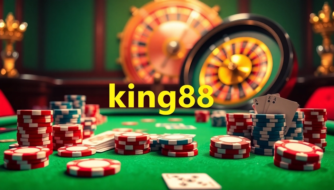 Engaging players enjoying casino games at king88, surrounded by vibrant poker chips and a roulette wheel.