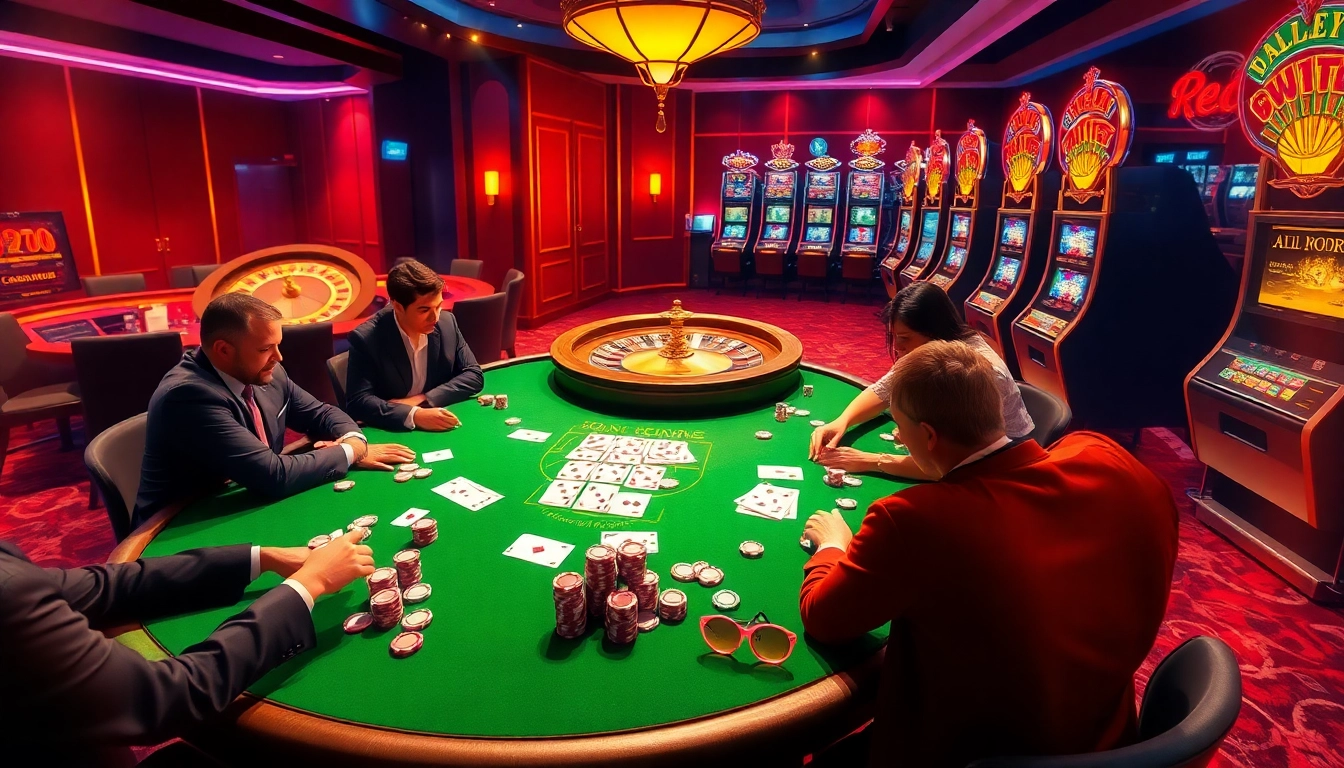 Experience the thrill of red88 with players engaged at a luxury poker table and vibrant slot machines.