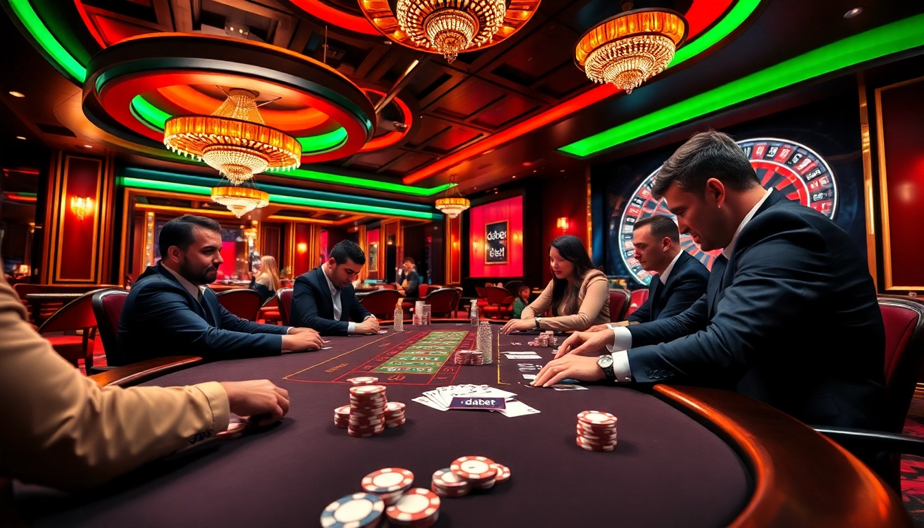 dabet players strategizing around a luxurious poker table in an upscale casino atmosphere